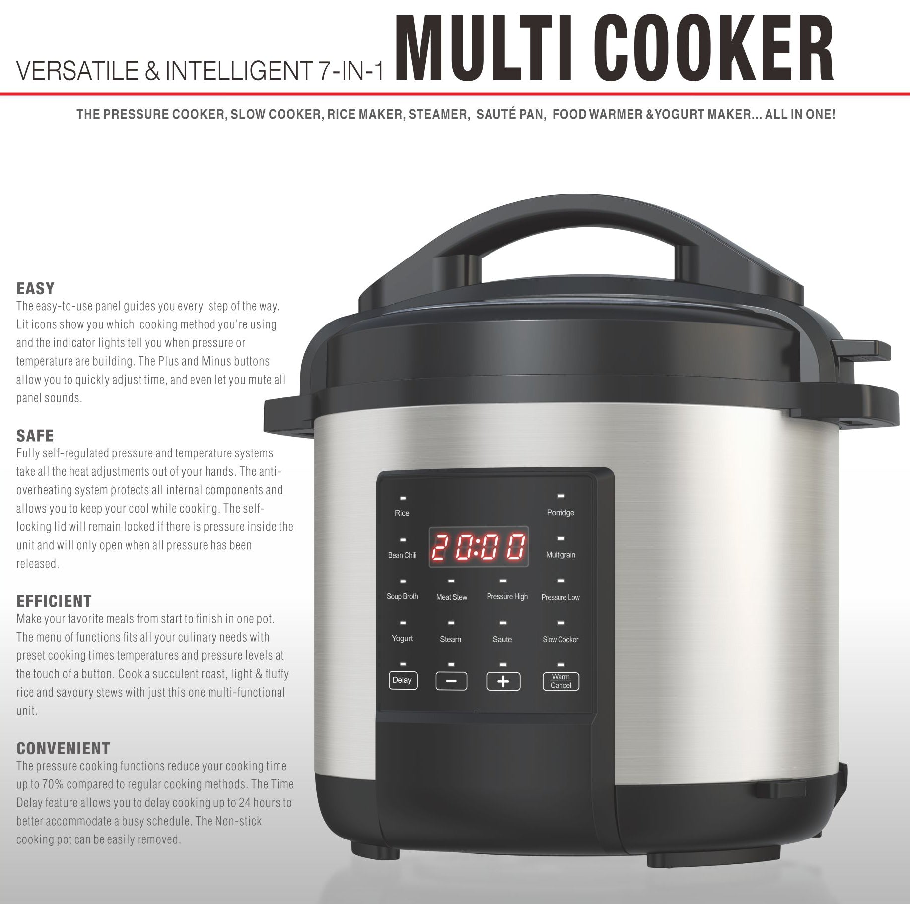 Versatile & Intelligent 7-in-1 Multi Cooker, 6-Liter Capacity, 1000W, Stainless Steel, Programmable Pressure Cooker Versatile & Intelligent 7-in-1 Multi Cooker, 6-Liter Capacity, 1000W, Stainless Steel, Programmable Pressure Cooker